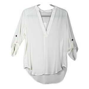 Lush White High Low V-Neck Blouse With Roll Tab Sleeves Size S